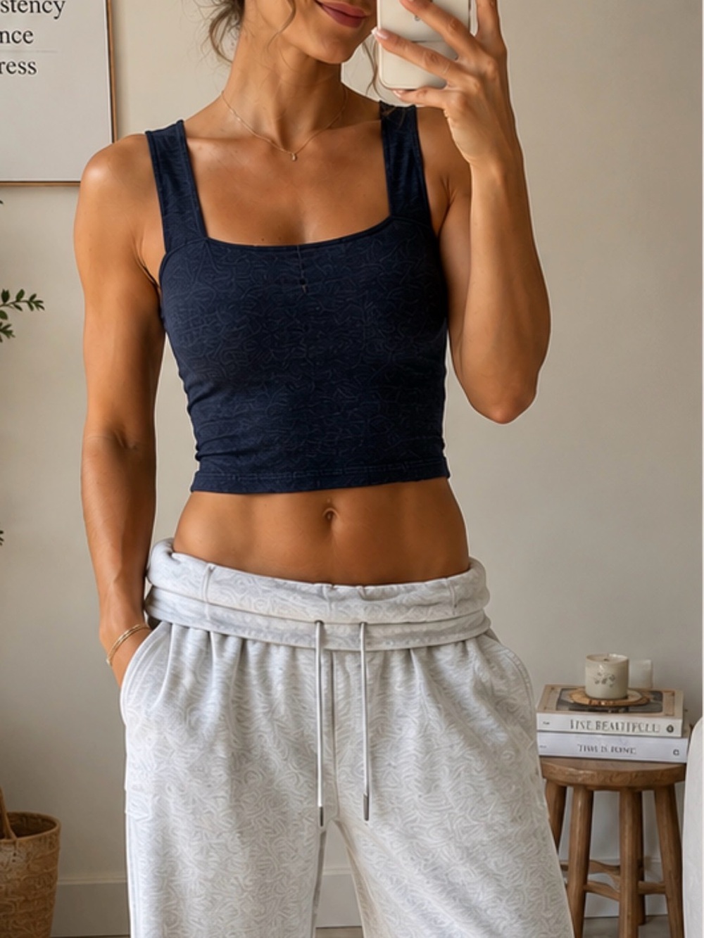 Vuori Navy Blue Cropped Square Neck Tank Top